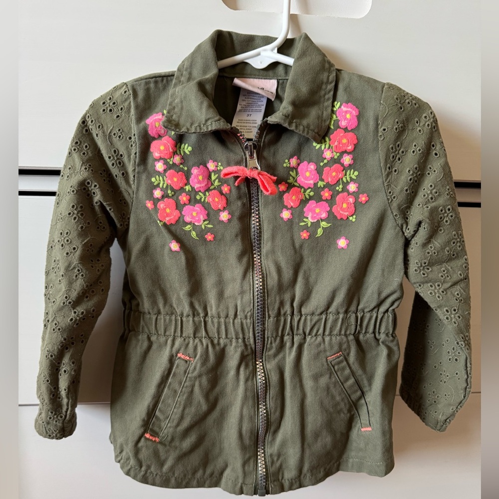 Little Lass Olive Jacket with Pink Floral Embroidery